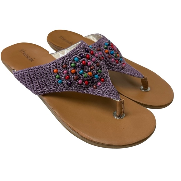 The Sak Crochet Beaded Sandals Flip Flop Multicolored Wood Women's Size 10 Shana - Picture 1 of 6